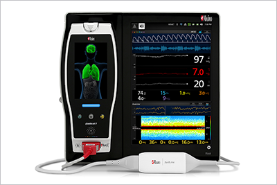 Picture of senior couple measuring blood pressure at home.